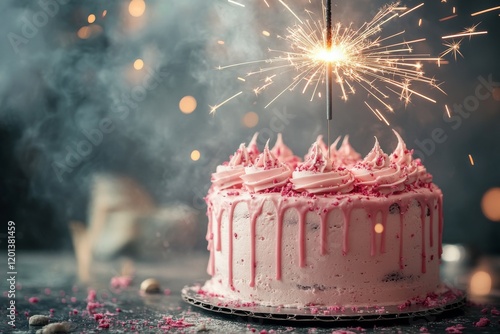 Sparkling pink cake celebration with festive decorations and vibrant sparks