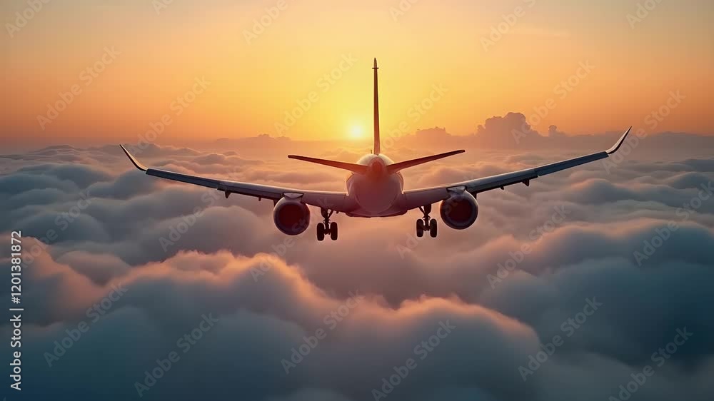 A silhouette of an airplane flying above fluffy clouds during a vibrant sunset, creating a serene and adventurous atmosphere A silhouette of an airplane flying above fluffy clouds during a vibrant sunset, creating a serene and adventurous atmosphere