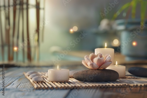 Spa treatment concept. A tranquil spa setting with candles, lotus flowers, and pebbles arranged on a wooden table, accompanied by towels, soaps, and body serums. 