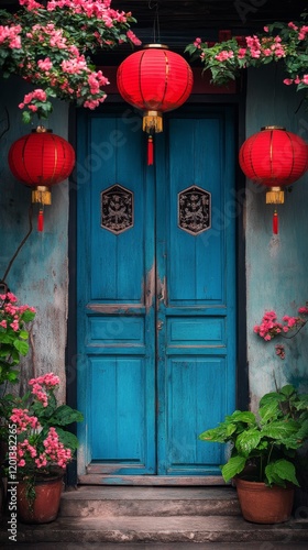 Vibrant blue door adorned with red lanterns in a historic alleyway during eve...