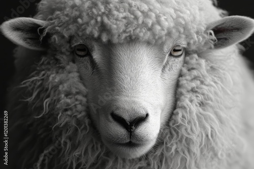 Close-up of a fluffy white sheep with blue eyes in a rural setting during day...