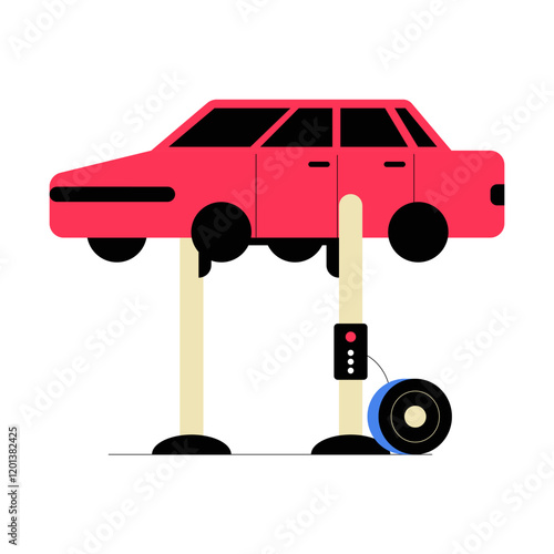 Red Car On Hydraulic Posts With Wheel Replacement Tools In Flat Vector Illustration Symbolizing Auto Repair And Service, Isolated On White Background