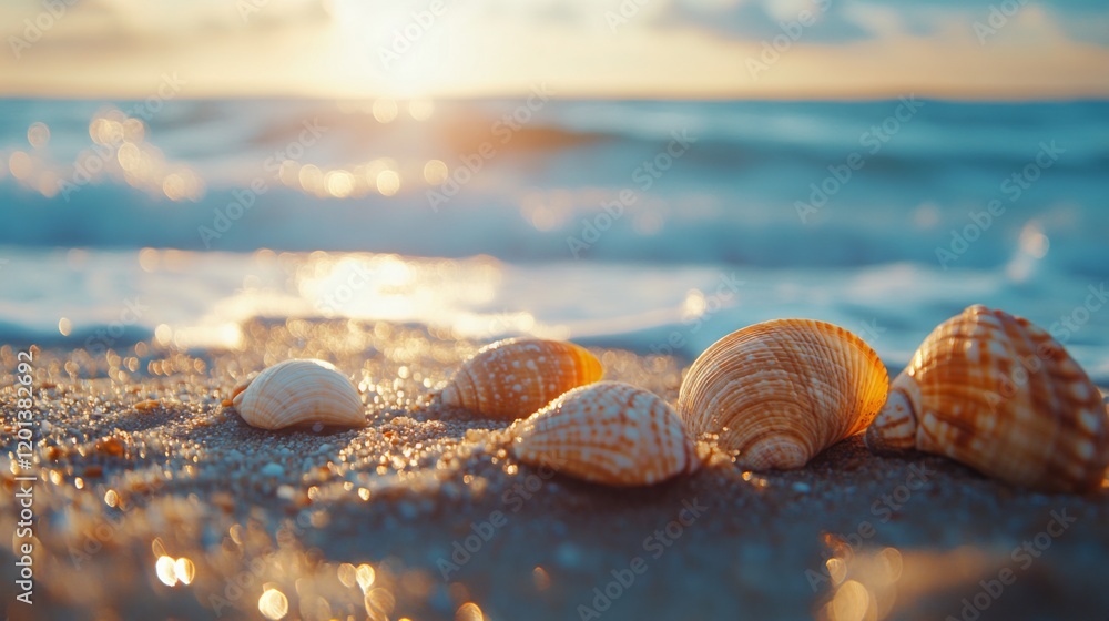 Sunny tropical beach with sea shells, yellow sand, sky and palm trees and turquoise water. Caribbean island vacation, hot summer day display mockup Sunny tropical beach with sea shells, yellow sand, sky and palm trees and turquoise water. Caribbean island vacation, hot summer day display mockup