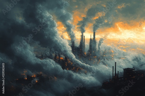 Industrial landscape with smokestacks at sunset under a colorful sky