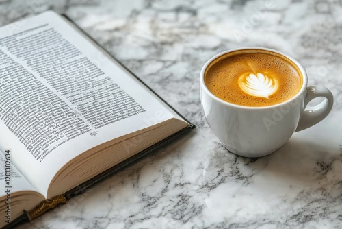 Warm cup of coffee beside an open book on a marble table in bright sunlight