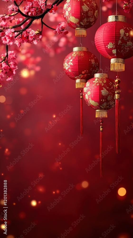 Red lanterns and cherry blossoms hanging against a blurred red background, bokeh lights. Red lanterns and cherry blossoms hanging against a blurred red background, bokeh lights.