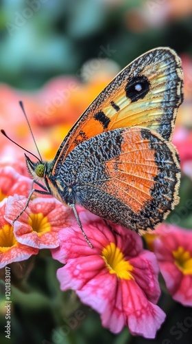 Colorful butterfly perched on a vibrant flower with intricate details and art...