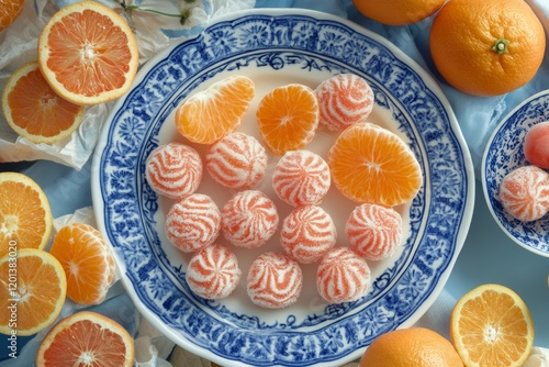 Colorful plate of fresh fruits and candy displayed beautifully for a vibrant ...