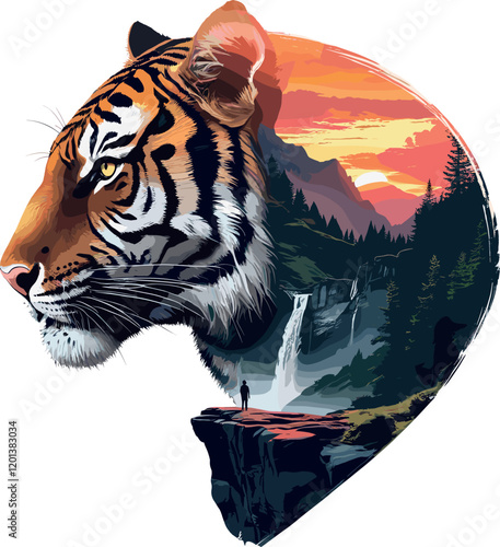 Double Exposure Tiger Illustration with Natural Sunset Landscape – Digital Art Ready for Print