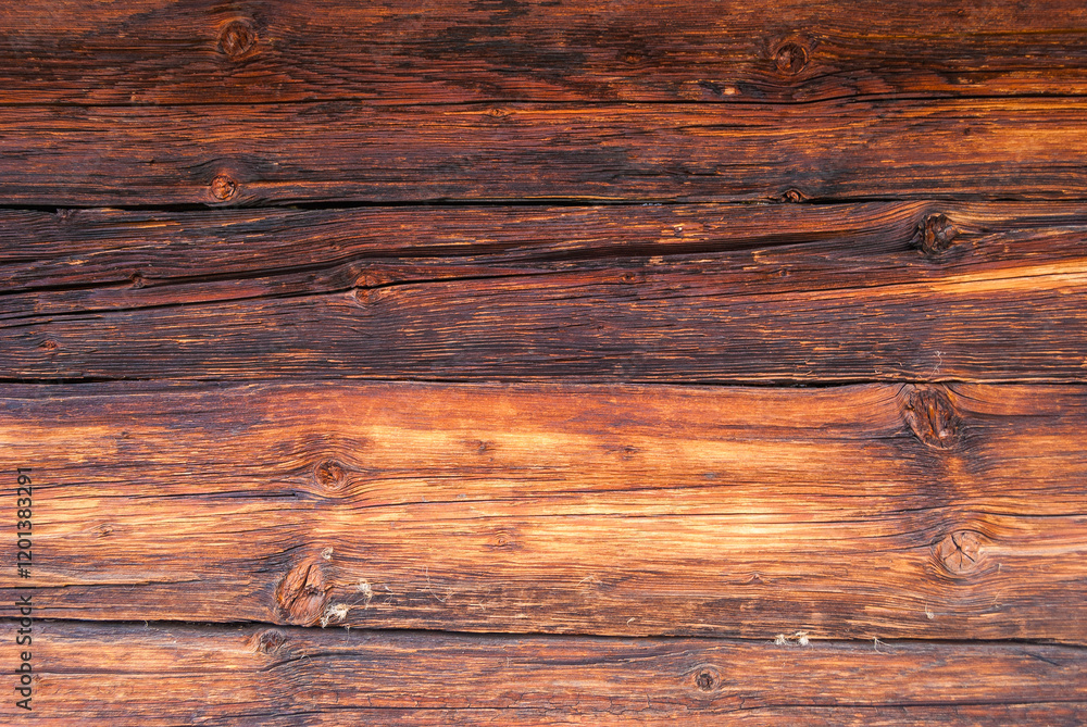 Naklejka premium horizontal wooden planks of an old Swiss mountain hut darkened by the sun and winter weather of the Alps, Switzerland