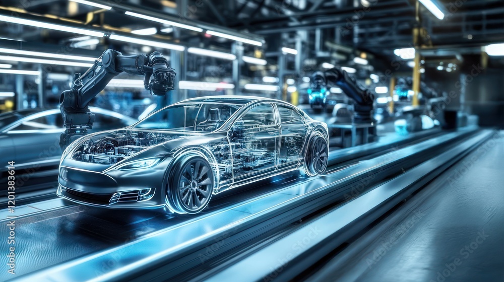 An electric car being built on an assembly line with robotic arms, showcasing advanced techniques in 3D Printing and Automotive Manufacturing An electric car being built on an assembly line with robotic arms, showcasing advanced techniques in 3D Printing and Automotive Manufacturing