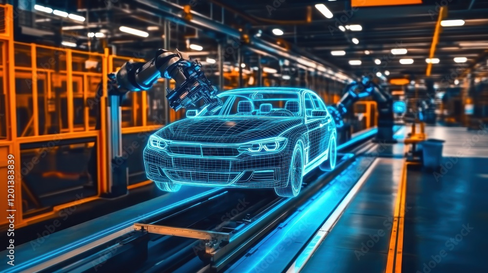 A hologram of a car on a production line with robotic arms and glowing blue lines, showcasing 3D Printing and Additive Manufacturing in Automotive assembly A hologram of a car on a production line with robotic arms and glowing blue lines, showcasing 3D Printing and Additive Manufacturing in Automotive assembly