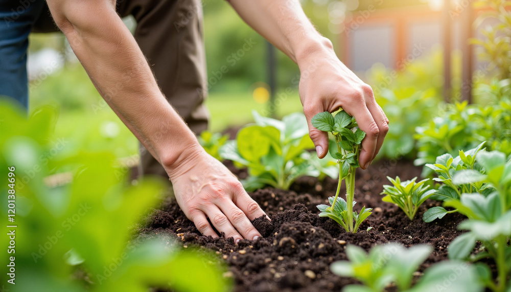 Nurturing plants by planting in urban garden, sustainable living Nurturing plants by planting in urban garden, sustainable living