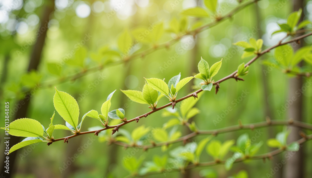Green budding trees emerge in sunlit forest, renewal and growth Green budding trees emerge in sunlit forest, renewal and growth