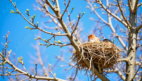 Birds nesting in cozy nest on budding branches, springtime tranquility