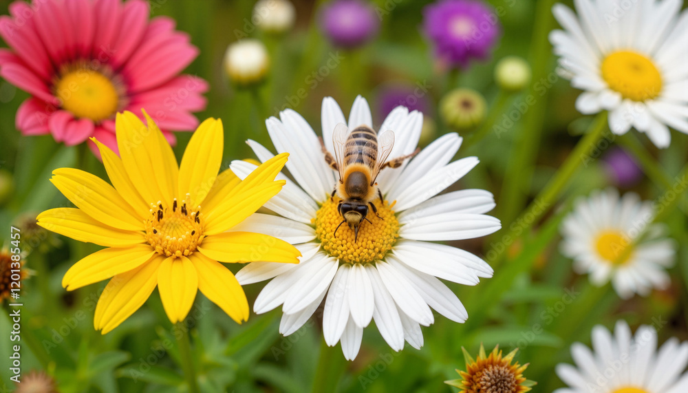 Bees pollinating vibrant flowers in a lush garden, nature's balance Bees pollinating vibrant flowers in a lush garden, nature's balance