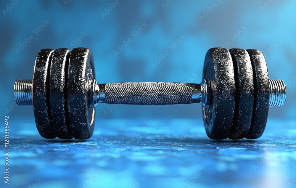 A robust black professional dumbbell for fitness and bodybuilding, featuring two weight plates set against a blue background A robust black professional dumbbell for fitness and bodybuilding, featuring two weight plates set against a blue background