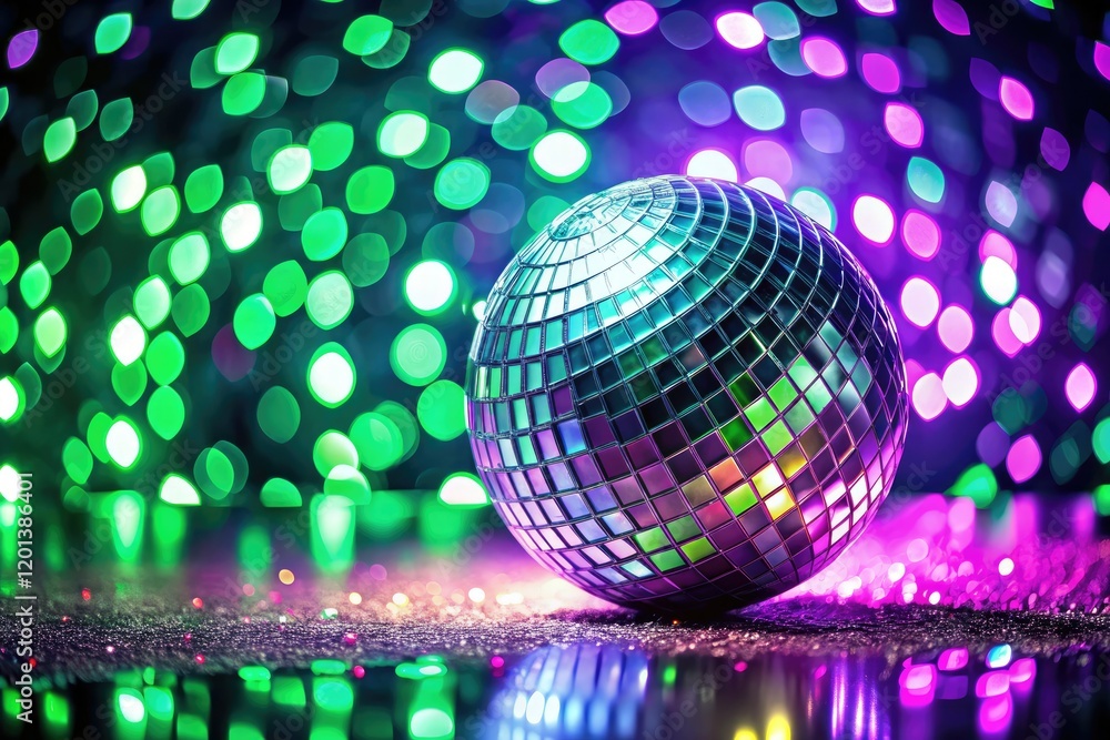 Obraz premium Minimalist party backdrop: green, purple bokeh, disco ball glow.