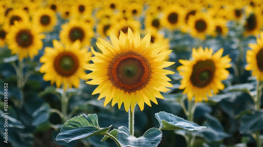 Fototapeta premium Field of Sunflowers in Bloom with Yellow Petals and Green Leaves