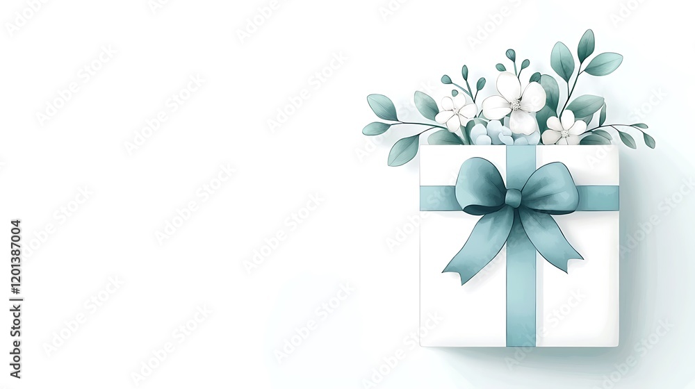 Naklejka premium A beautifully styled gift box adorned with soft pastel flowers, featuring a delicate ribbon. Perfect for celebrations, weddings, or special occasions.