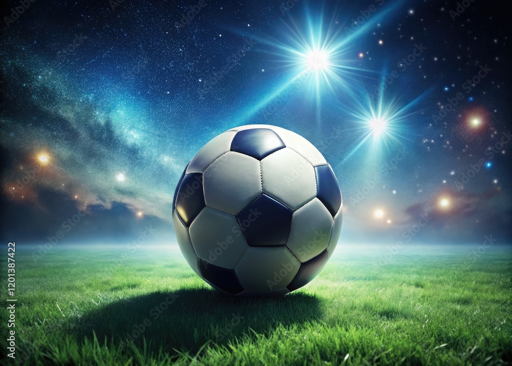 Naklejka premium Night football under a starry sky, emerald field bathed in low light, capturing the soccer star's brilliance.