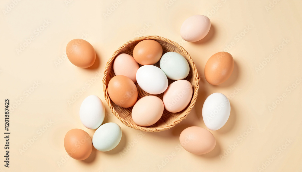 Basket of assorted eggs on kitchen counter, fresh culinary ingredients Basket of assorted eggs on kitchen counter, fresh culinary ingredients