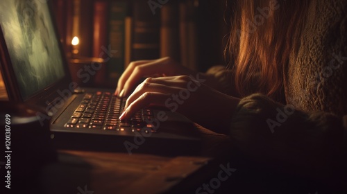Woman's hands typing on laptop in dimly lit room.