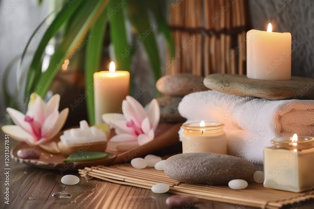 Spa treatment concept. A tranquil spa setting with candles, lotus flowers, and pebbles arranged on a wooden table, accompanied by towels, soaps, and body serums. Spa treatment concept. A tranquil spa setting with candles, lotus flowers, and pebbles arranged on a wooden table, accompanied by towels, soaps, and body serums.