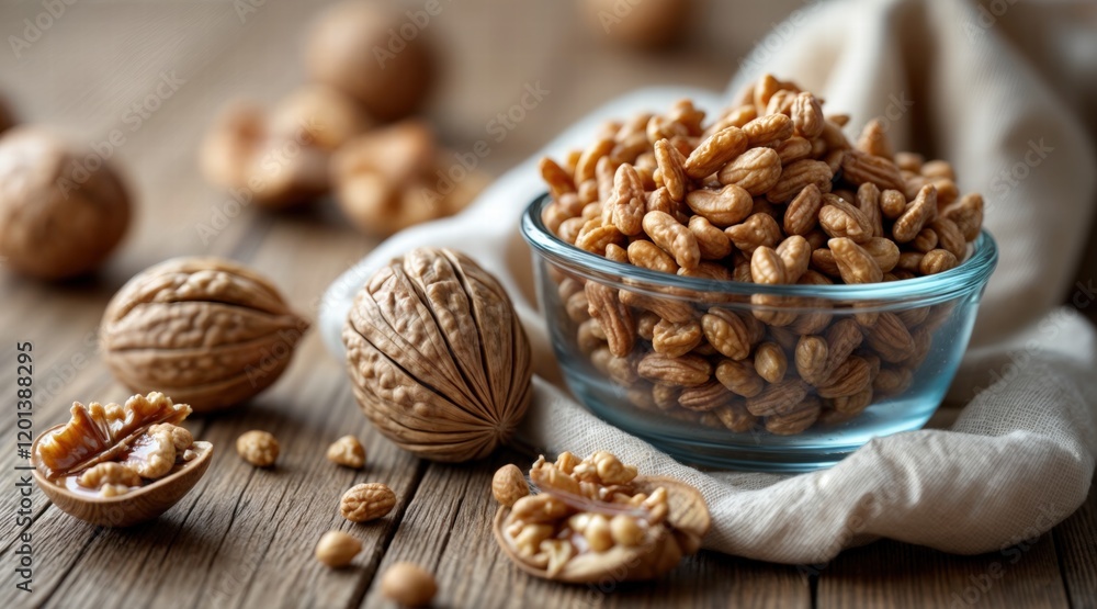 Close-up of walnuts in various forms: whole in shells, halves, and golden kernels, arranged in a glass bowl and scattered around on a rustic wooden table with a textured fabric. Close-up of walnuts in various forms: whole in shells, halves, and golden kernels, arranged in a glass bowl and scattered around on a rustic wooden table with a textured fabric.