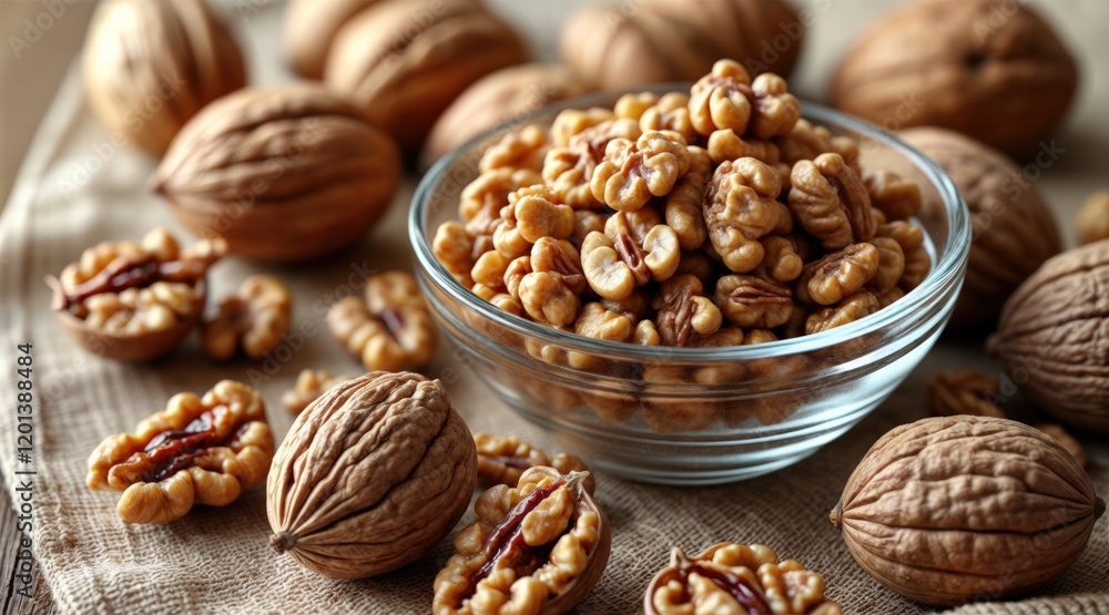 Variety of walnuts in a clear glass bowl, scattered on a wooden table with a linen cloth, natural light highlighting the intricate textures of the shells and kernels, rustic and organic setting. Variety of walnuts in a clear glass bowl, scattered on a wooden table with a linen cloth, natural light highlighting the intricate textures of the shells and kernels, rustic and organic setting.