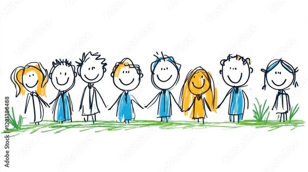 Joyful group of diverse children holding hands in a colorful doodle illustration with cheerful smiles and friendship Joyful group of diverse children holding hands in a colorful doodle illustration with cheerful smiles and friendship