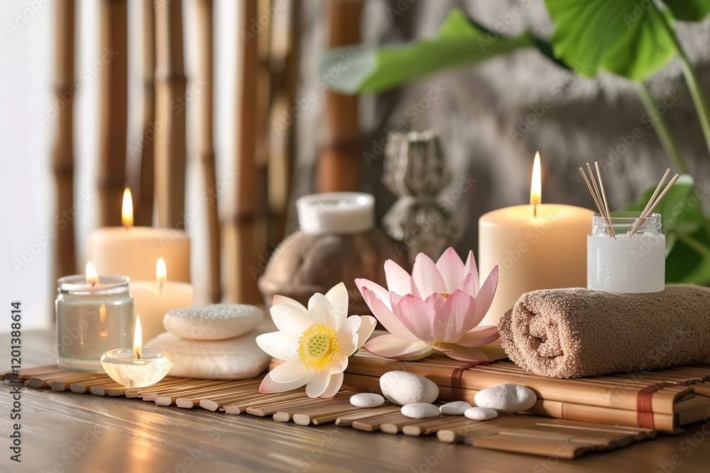Spa treatment concept. A tranquil spa setting with candles, lotus flowers, and pebbles arranged on a wooden table, accompanied by towels, soaps, and body serums. Spa treatment concept. A tranquil spa setting with candles, lotus flowers, and pebbles arranged on a wooden table, accompanied by towels, soaps, and body serums.