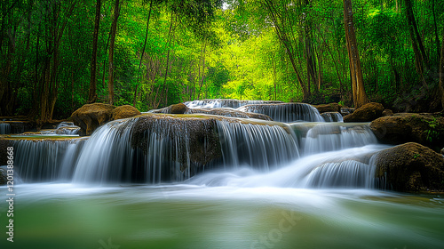 Serene Waterfall in Lush Greenery of Thailand's National Park