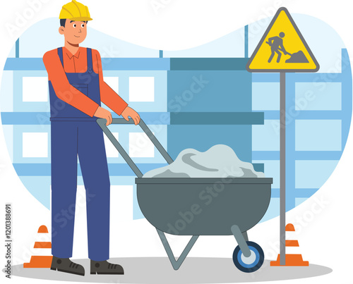Construction Worker with Wheelbarrow and Warning Sign Illustration Features a construction worker using a wheelbarrow with a visible warning sign for safety.