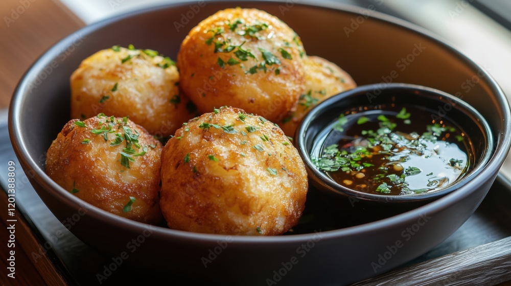 Golden-brown fried snacks gleam invitingly in a bowl, garnished with herbs and paired with a tangy dipping sauce for the perfect treat. Golden-brown fried snacks gleam invitingly in a bowl, garnished with herbs and paired with a tangy dipping sauce for the perfect treat.