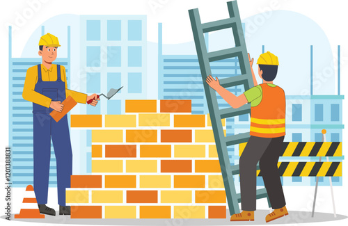 Construction Workers Building Wall and Ladder Illustration Shows workers constructing a wall with tools and a ladder nearby.