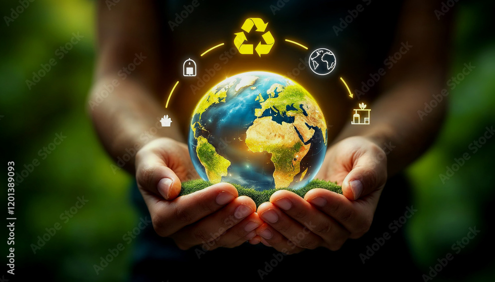 Hand Holding a Holographic Earth with Recycling Symbols, Promoting Sustainability Hand Holding a Holographic Earth with Recycling Symbols, Promoting Sustainability
