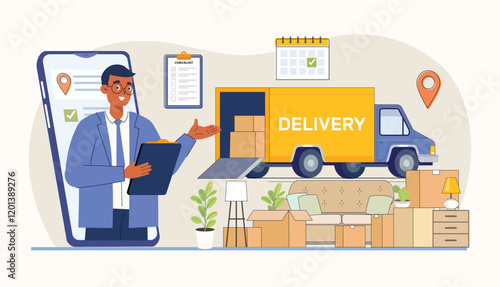 Delivery and Checklist Concept Illustration with Delivery Truck and Moving Boxes A truck unloading packages with a checklist verifying delivery items.