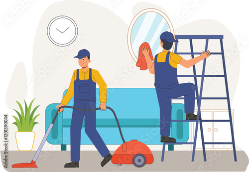 Housekeeping Services Illustration with Vacuuming and Ladder Cleaning Depicts a worker cleaning high surfaces using a ladder, alongside vacuuming tasks.