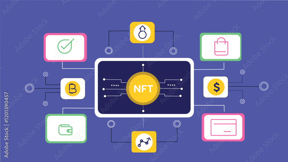 Naklejka premium NFT Illustration Concept with Digital Payment and Cryptocurrency Icons Digital wallets and payment icons integrated with NFTs and blockchain visuals.