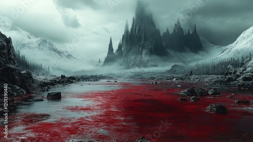 A haunting landscape featuring a blood-red river flowing through rocky terrain with dark mountains