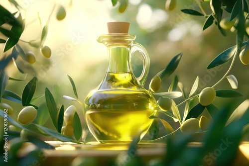 Glass bottle of olive oil surrounded by fresh olives photo