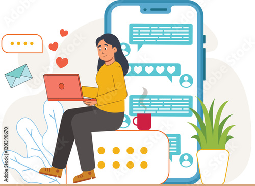 Online Dating Illustration with Messaging and Chat Messaging icons and conversations between matched profiles in an engaging UI.