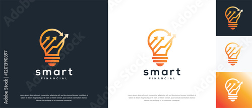 Smart light bulb and finance arrow logo design. Arrow light bulb logo template. Finance logo symbol icon