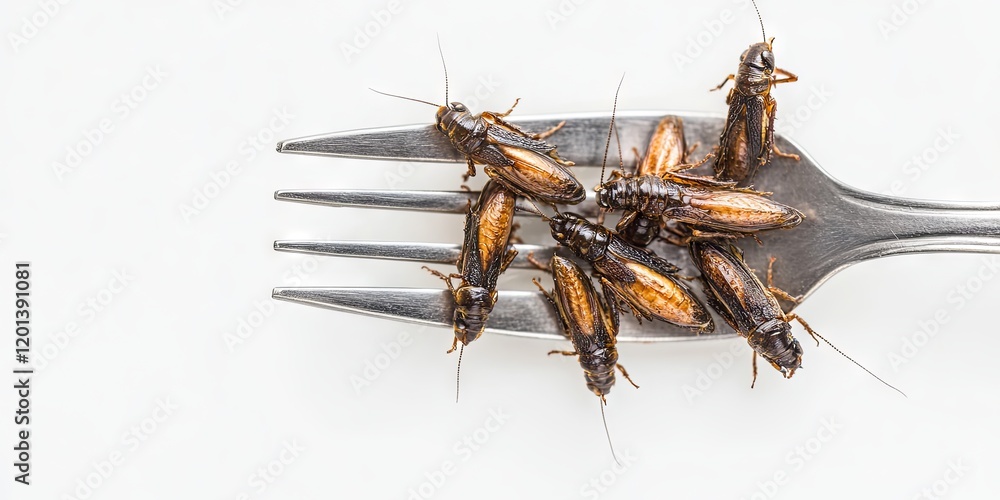 Naklejka premium Crickets on a Fork: A Close Up of Edible Insects