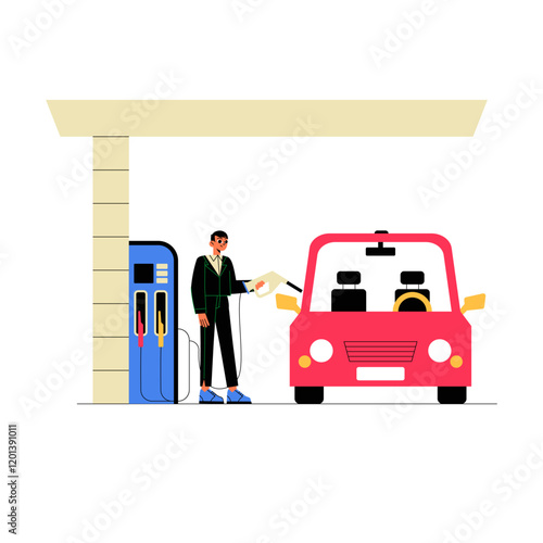 Man Refueling A Red Car At A Gas Station In Flat Vector Illustration Symbolizing Fueling, Transportation, And Vehicle Maintenance, Isolated On White Background.