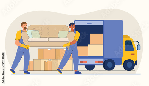 Packers and Movers Service Illustration with Loading Furniture and Transport Truck Workers loading furniture like sofas and boxes onto a transport truck, depicting moving services.