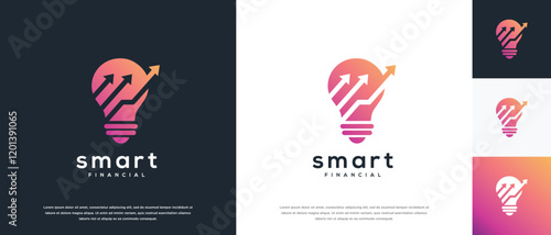 Smart light bulb and finance arrow logo design. Arrow light bulb logo template. Finance logo symbol icon