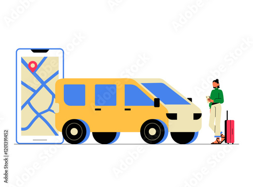 Yellow Van And Smartphone Map With Female Passenger In Flat Vector Illustration Symbolizing Transportation Services, Isolated On White Background