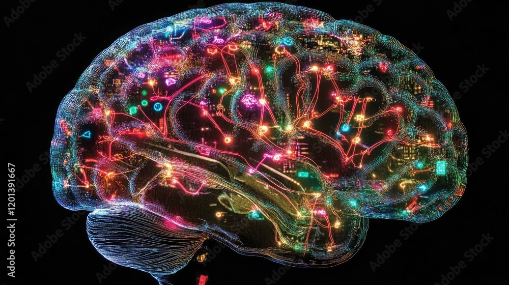 Illuminated Brain Neural Network Pathways Display